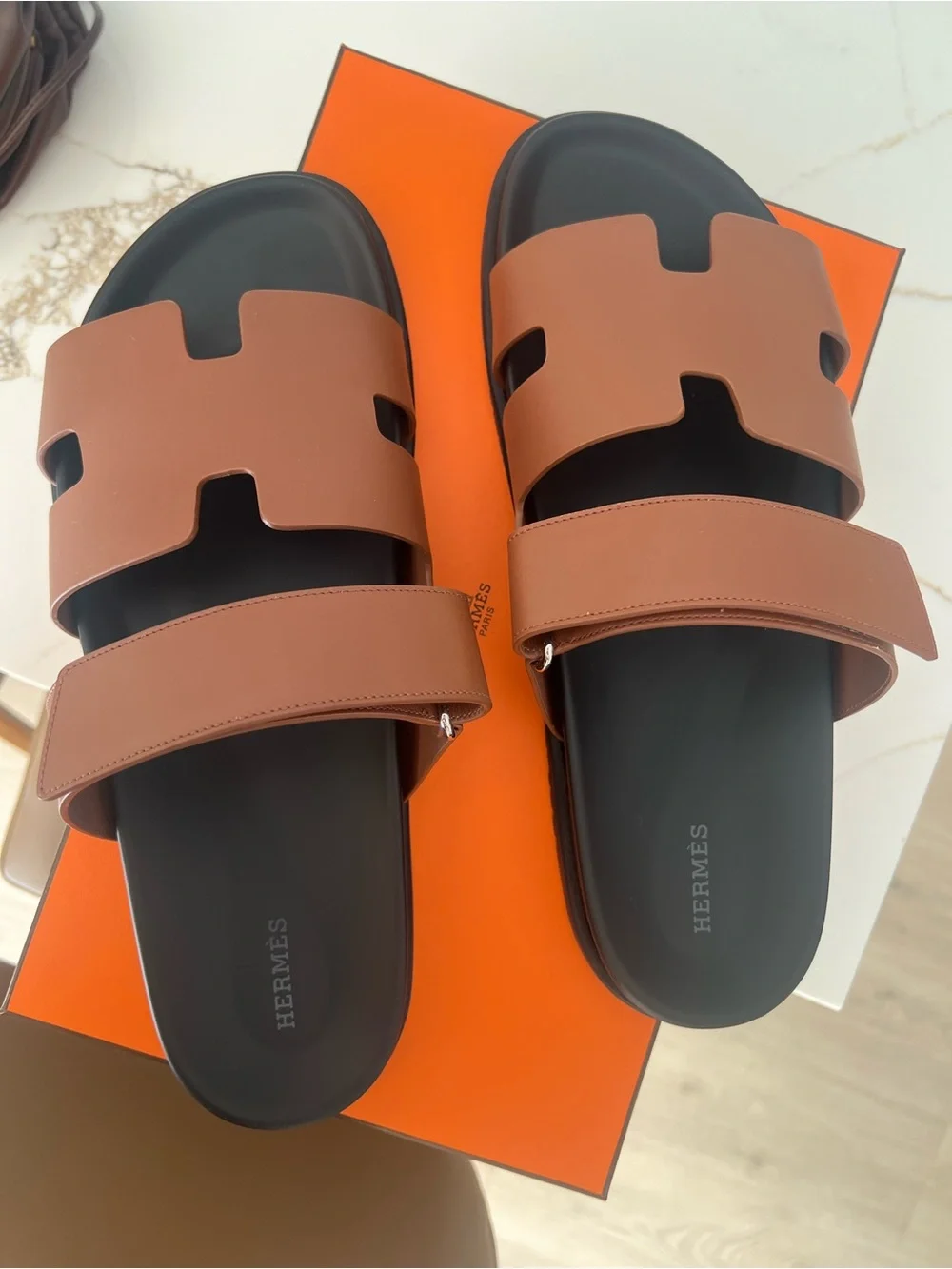Hermes Chypre Brown Leather Slide Sandals  for Men size 46(13US)
